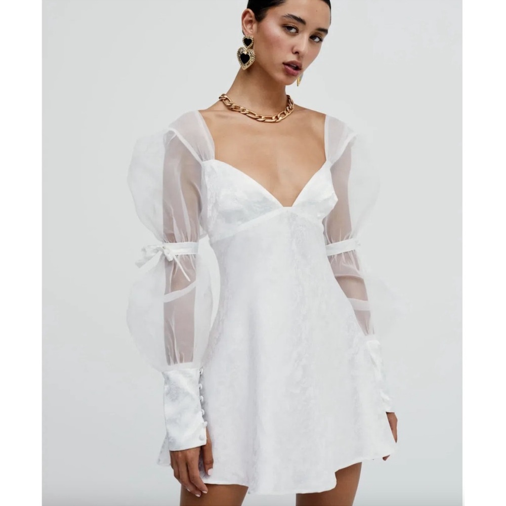 For Love & Lemons Gabrielle Mini Dress Puff Sleeve White - XS